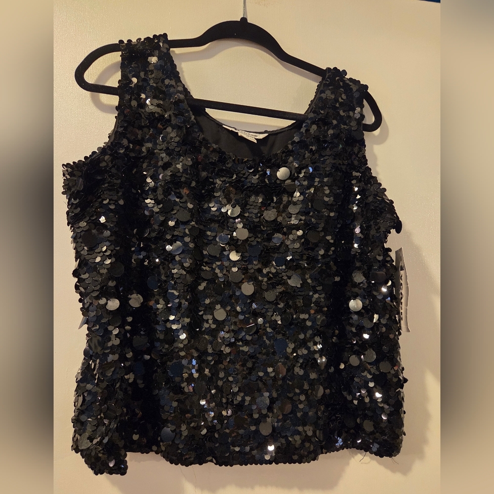 Nygard Collection Black Sequin Tank Top Womens 12 Petite Sleeveless Blouse NWT